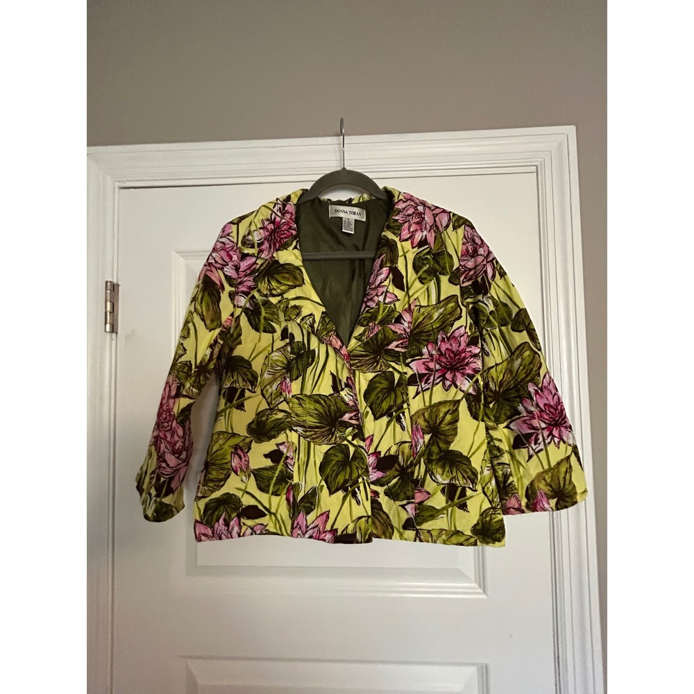Donna Toran Linen Blend Floral Blazer Yellow Pink Lotus Flower Jacket Size 8